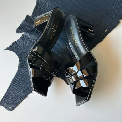 Saint Laurent Tribute Comfort Sandals Slide Heels Glossy Black
