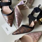 Fendi Sequin Slingbacks With Elasticated Ribbons Pumps Heels Pointed Toe Brown - Image 3