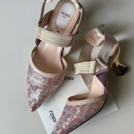 Fendi Sequin Slingbacks With Elasticated Ribbons Pumps Heels Pointed Toe Pink