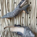 Christian Dior J'adior Lace Print Slingback Pumps Heels Pointed Toe Gray - Image 2