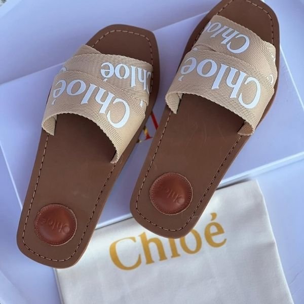 155 Chloe Canvas Logo Ribbon Wood Flats Sandals Slides Shoes Beige - Image 1