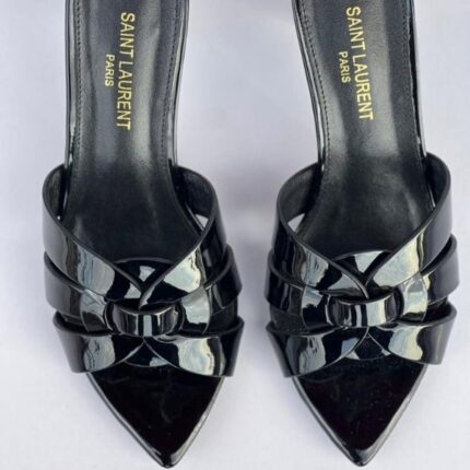 Saint Laurent Tribute Comfort Pointed Toe Sandals Slide Heels Glossy Black
