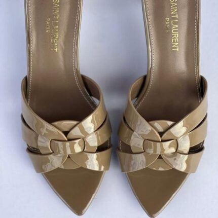 Saint Laurent Tribute Comfort Pointed Toe Sandals Slide Heels Taupe
