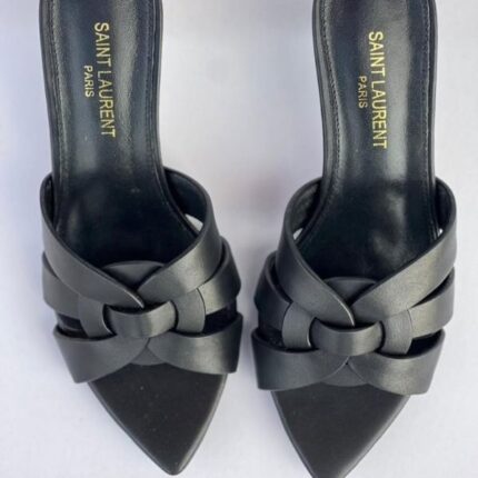 Saint Laurent Tribute Comfort Pointed Toe Sandals Slide Heels Black