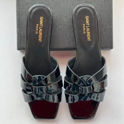 Saint Laurent Tribute Comfort Sandals Slide Flats Glossy Black