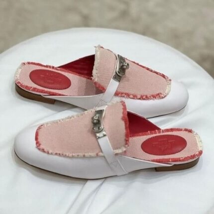 Hermès Oz Mules Slip-On Shoes Leather Denim Pink