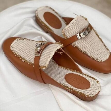 Hermès Oz Mules Slip-On Shoes Leather Denim Tan