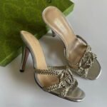 Gucci Crystal Woven Interlocking GG Sandals Slip-Ons Heels Silver