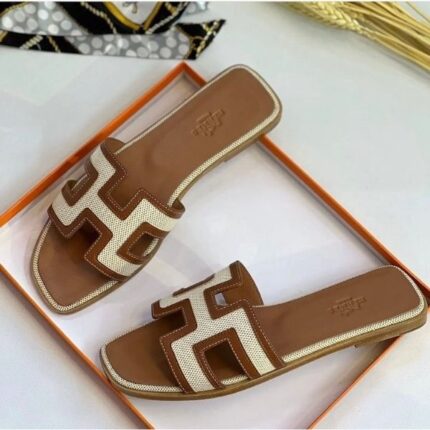 Hermès Oran Flat Sandals Canvas Beige Brown