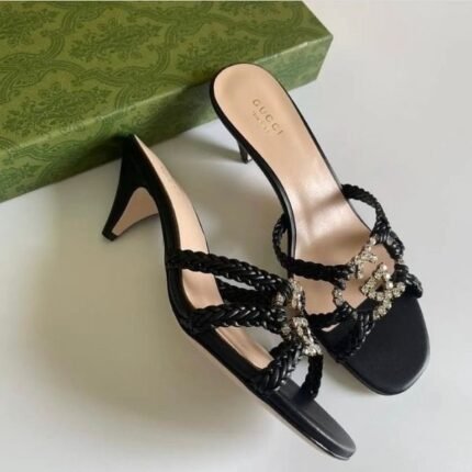 Gucci Crystal Woven Interlocking GG Sandals Slip-Ons Heels Black
