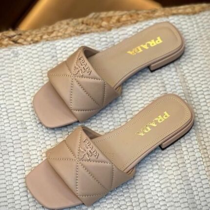 Prada Quilted Leather Slides Slip-On Flats Beige
