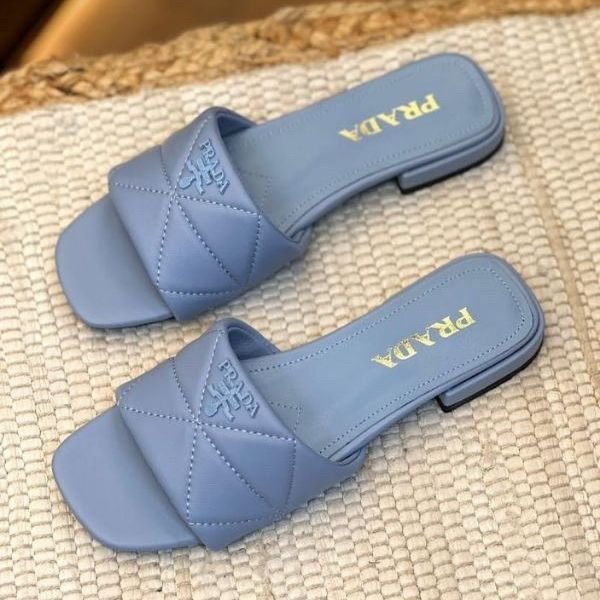 252 Prada Quilted Leather Slides Slip-On Flats Blue - Image 1