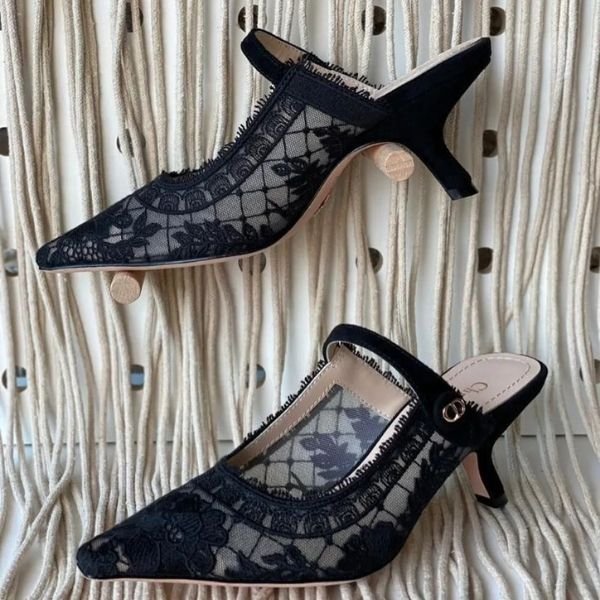 264 Christian Dior J'adior Lace Print Slingback Pumps Heels Pointed Toe Black - Image 1