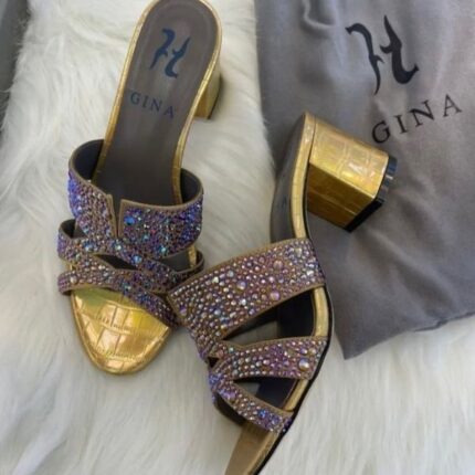 Gina Metallic Leather Crystal Embellished Roma Heels Sandals Mules 35 Gold Multicolor