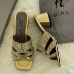 Gina Metallic Leather Crystal Embellished Roma Heels Sandals Mules 35 Gold