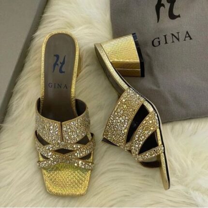 Gina Metallic Leather Crystal Embellished Roma Heels Sandals Mules 35 Gold