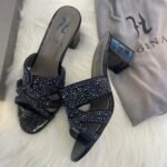 Gina Metallic Leather Crystal Embellished Roma Heels Sandals Mules 35 Black