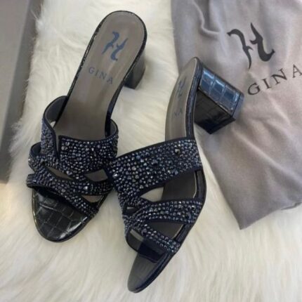 Gina Metallic Leather Crystal Embellished Roma Heels Sandals Mules 35 Black