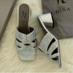 Gina Metallic Leather Crystal Embellished Roma Heels Sandals Mules 35 Silver