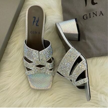 Gina Metallic Leather Crystal Embellished Roma Heels Sandals Mules 35 Silver