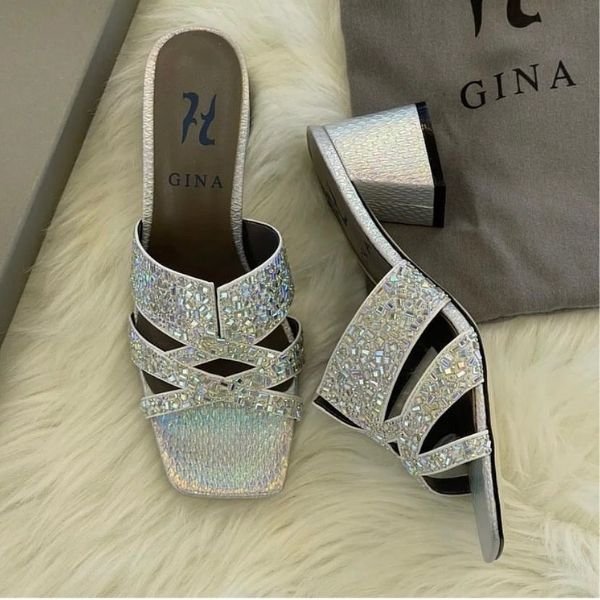 274 Gina Metallic Leather Crystal Embellished Roma Heels Sandals Mules 35 Silver - Image 1
