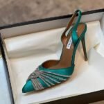 Aquazzura Gatsby Crystal-Embellished Satin 50mm Pumps Slingback Heels Sandals Pointed Toe Teal - Image 2