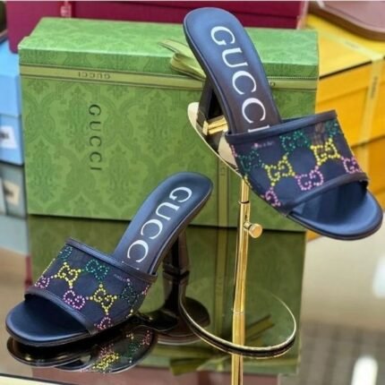 Gucci Tela Retino Nappa Crystal GG Monogram Square G 95mm Slide Sandals Slip-On Heels Black