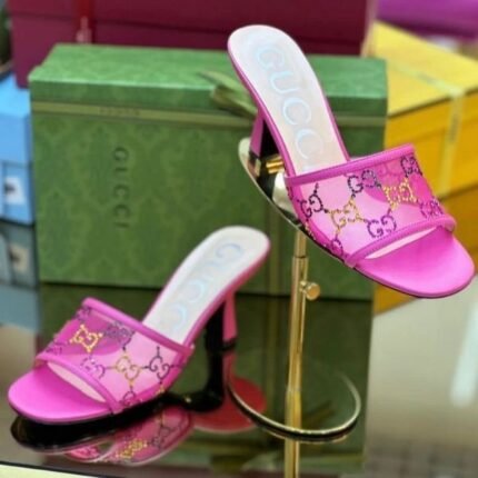 Gucci Tela Retino Nappa Crystal GG Monogram Square G 95mm Slide Sandals Slip-On Heels Pink