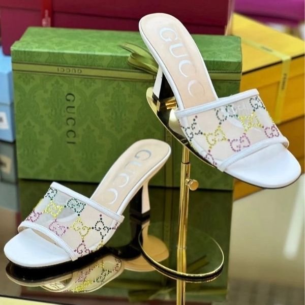 285 Gucci Tela Retino Nappa Crystal GG Monogram Square G 95mm Slide Sandals Slip-On Heels White - Image 1