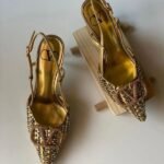 Valentino Embellished Vlogo Signature Patent Leather Slingback Pump Heels Pointed Toe 80mm Gold