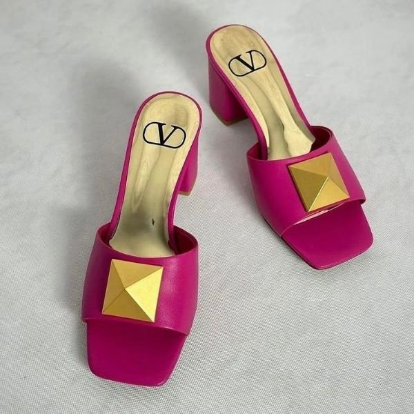 297 Valentino Garavani Roman Stud Leather Block Heels Mules Slide Sandals Hot Pink - Image 1