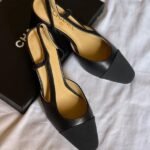 Chanel Goatskin Grosgrain Cap Toe CC Slingback Flats 39.5 Tweed Slingback Black