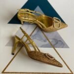 Valentino Embellished Vlogo Signature Patent Leather Slingback Pump Heels Pointed Toe 80mm Gold - Image 2