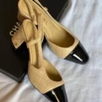 Chanel Goatskin Grosgrain Cap Toe CC Slingback Heels Pumps 39.5 Beige - Image 2