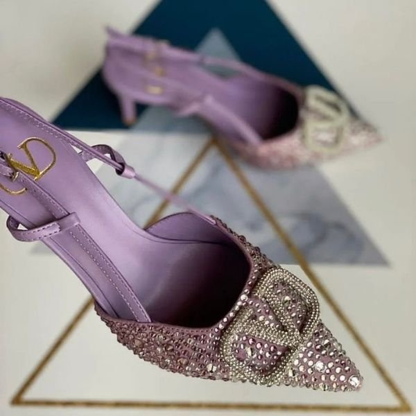 327 Valentino Embellished Vlogo Signature Patent Leather Slingback Pump Heels Pointed Toe 80mm Purple - Image 1