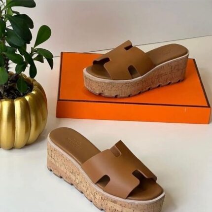 Hermès Luce Cork Platform Sandals Brown