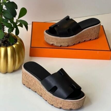 Hermès Luce Cork Platform Sandals Black