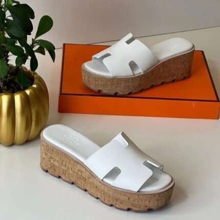 Hermès Luce Cork Platform Sandals White