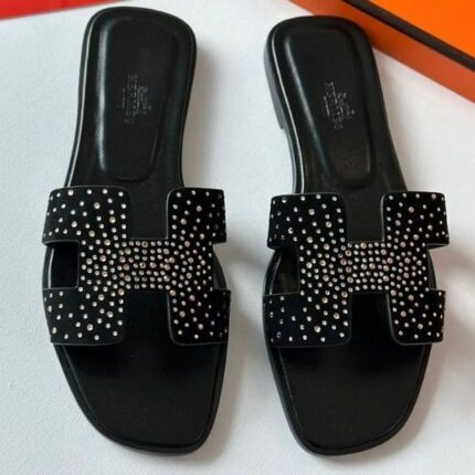 Hermès Embellished Oran Flat Sandals Black