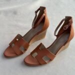 Hermes Leather Legend Sandals Wedges Heels With Adjustable Back Strap Orange - Image 3