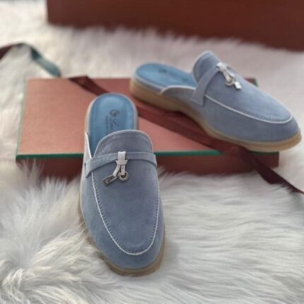Loro Piana Women's Charm Suede Mules Slip On Shoes Blue