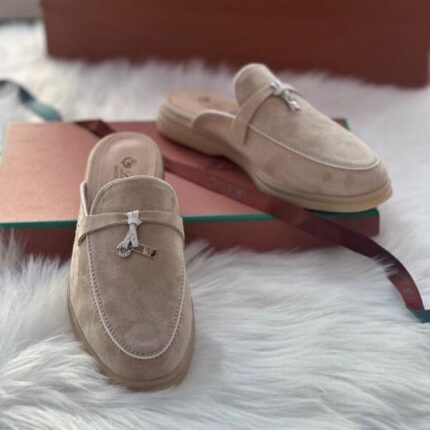 Loro Piana Charm Suede Mules Slip On Shoes Beige White Lining