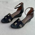 Hermes Leather Legend Sandals Wedges Heels With Adjustable Back Strap Black - Image 3