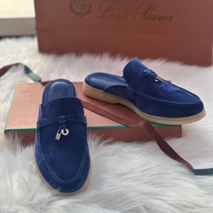 Loro Piana Men's Charm Suede Mules Slip On Shoes Navy Blue