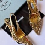Prada Metallic Slingback Pointed Toe Heels Sandals Pumps Gold