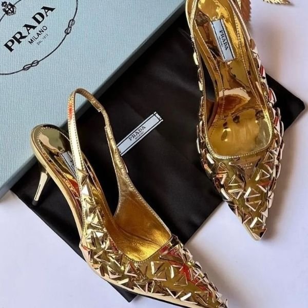 374 Prada Metallic Slingback Pointed Toe Heels Sandals Pumps Gold - Image 1