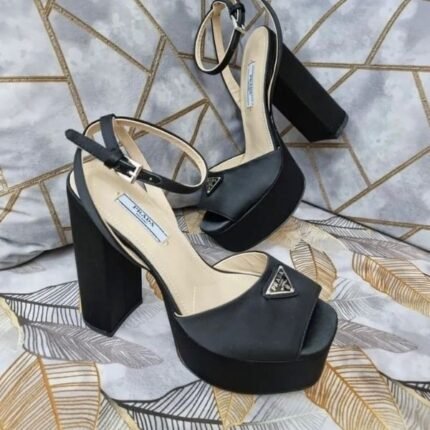 Prada Logo Ankle Strap Block Heels Pumps Platforms Sandals 135mm Black 