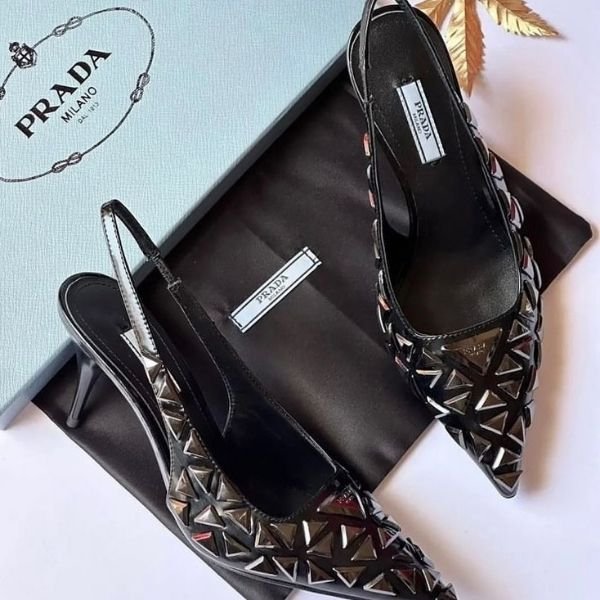 376 Prada Metallic Slingback Pointed Toe Heels Sandals Pumps Black - Image 1