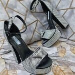Prada Logo Embellished Crystal Ankle Strap Block Heels Pumps Platforms Sandals 135mm Black Silver