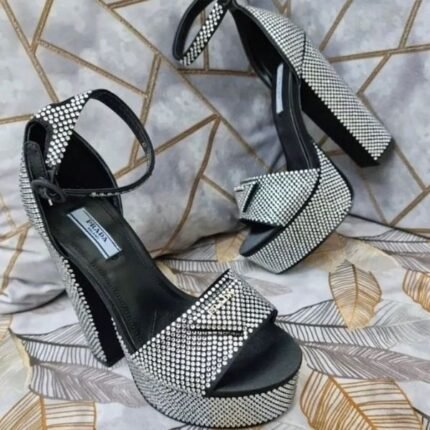 Prada Logo Embellished Crystal Ankle Strap Block Heels Pumps Platforms Sandals 135mm Black Silver